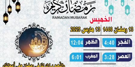 موعد الإفطار وعدد ساعات الصيام اليوم الخميس الـ13 من شهر رمضان 1446هـ - شبكة أطلس سبورت